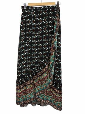 Suzanne Betro NWT Wrap Midi Skirt Boho Border Print Ruffle Hem Size Medium